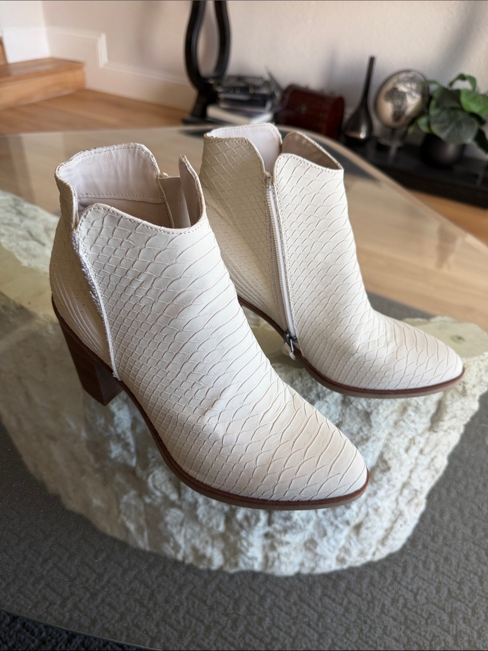 MIA Cream Textured Ankle Booties with Block Heel